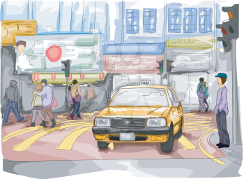 Royalty Free Clipart Image of a Busy Street With a Taxi