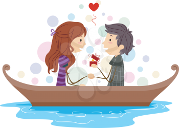 Royalty Free Clipart Image of a Guy Proposing to a Girl in a Boat