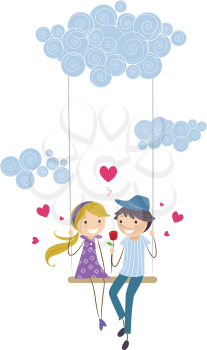 Royalty Free Clipart Image of a Young Couple on a Swing