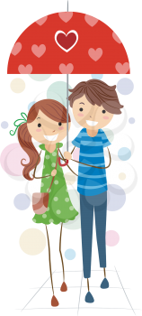 Royalty Free Clipart Image of a Boy and Girl Under a Heart Umbrella