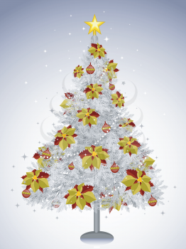Royalty Free Clipart Image of a White Christmas Tree With Poinsettia