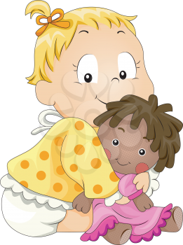 Royalty Free Clipart Image of a Baby Holding a Doll