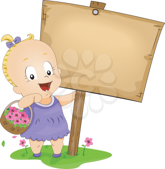 Royalty Free Clipart Image of a Little Girl With a Basket of Flowers Standing Beside a Sign