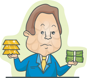 Royalty Free Clipart Image of a Man Weighing Money and Gold