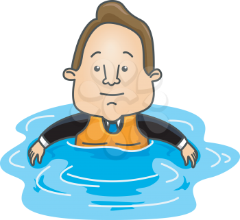 Royalty Free Clipart Image of a Man Wearing a Life Jacket in Water