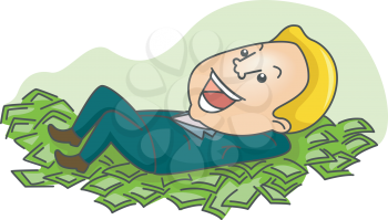 Royalty Free Clipart Image of a Man Rolling in Money