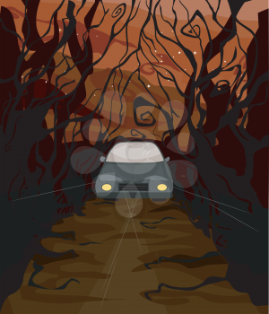 Royalty Free Clipart Image of a Car Driving Through Dark Woods