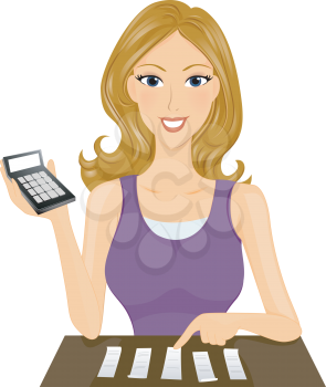 Royalty Free Clipart Image of a Woman With a Calculator and Receipts