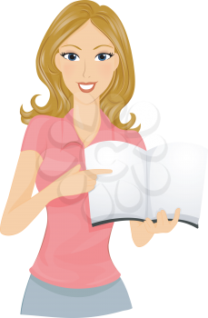 Royalty Free Clipart Image of a Woman Holding Open a Book and Pointing