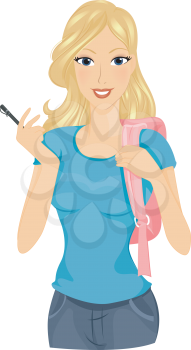 Royalty Free Clipart Image of a Young Woman With a Backpack Holding a Pen