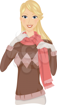 Royalty Free Clipart Image of a Woman Putting a Scarf On