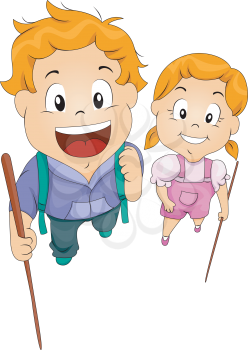 Royalty Free Clipart Image of Children With Walking Sticks