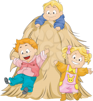 Royalty Free Clipart Image of Children Playing in a Haystack