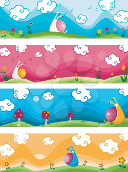 Royalty Free Clipart Image of Four Snail Banners