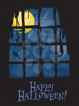 Royalty Free Clipart Image of a Full Moon From Inside on a Happy Halloween Greeting