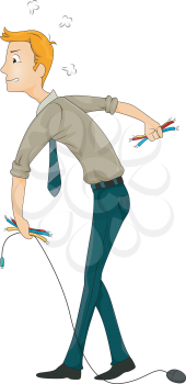 Royalty Free Clipart Image of an Angry Man With Wires Dragging a Mouse