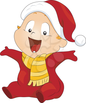 Royalty Free Clipart Image of a Baby in a Santa Suit