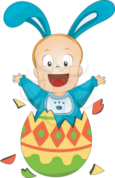 Royalty Free Clipart Image of a Boy in a Bunny Costume Jumping Out of a Painted Egg