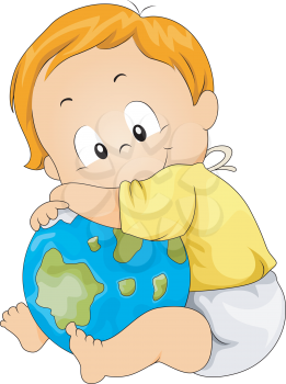 Royalty Free Clipart Image of a Baby Hugging a Globe