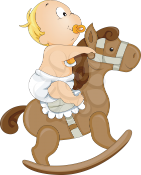 Royalty Free Clipart Image of a Baby on a Rocking Horse