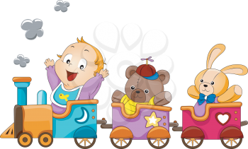 Royalty Free Clipart Image of a Baby in a Toy Train With Stuffed Animals