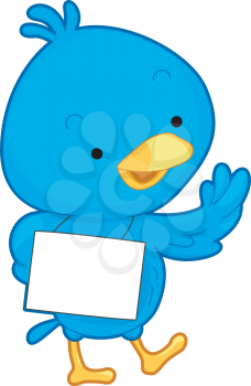 Royalty Free Clipart Image of a Bluebird With an Empty Sign Hanging on His Back