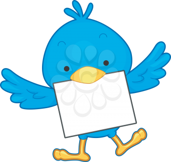 Royalty Free Clipart Image of a Bluebird With a Piece of Paper in Its Beak