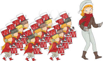 Royalty Free Clipart Image of a Girl Leading Twelve Drummers