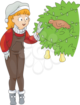 Royalty Free Clipart Image of a Woman Looking at a Bird in a Pear Tree