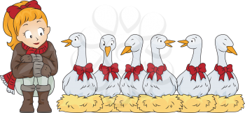 Royalty Free Clipart Image of a Woman With Six Geese