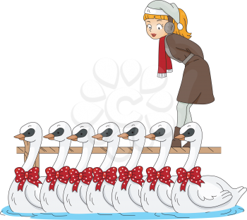 Royalty Free Clipart Image of a Woman Watching Seven Swans Swimming