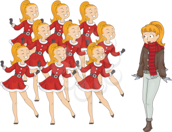 Royalty Free Clipart Image of a Woman Watching Nine Ladies Dancing
