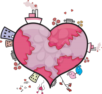Royalty Free Clipart Image of Buildings and Ships on a Heart
