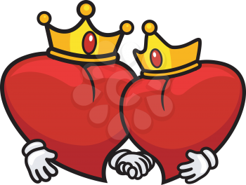 Royalty Free Clipart Image of Two Hearts Holding Hands and Wearing Crowns