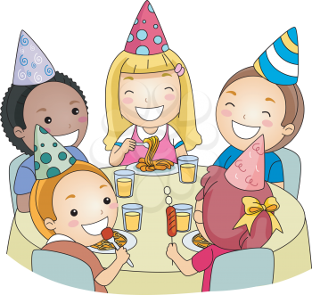 Royalty Free Clipart Image of Children Eating at a Birthday party