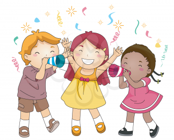 Royalty Free Clipart Image of Kids With Noisemakers