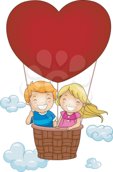 Royalty Free Clipart Image of Two Children in a Heart Shaped Hot Air Balloon