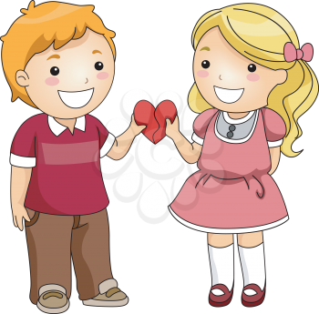 Royalty Free Clipart Image of a Boy and Girl Holding Two Pieces of a Heart