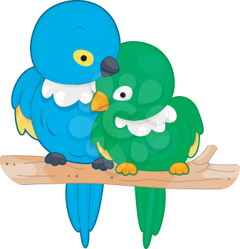 Royalty Free Clipart Image of a Pair of Birds Snuggling on a Branch