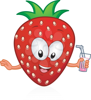 Royalty Free Clipart Image of a Strawberry Holding a Drink