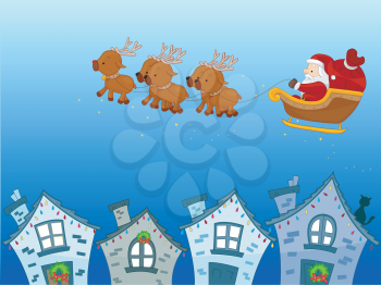 Royalty Free Clipart Image of Santa in His Sleigh Over Rooftops