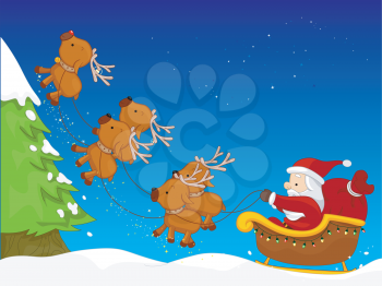 Royalty Free Clipart Image of a Santa and His Reindeer Taking Off