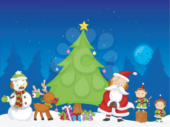 Royalty Free Clipart Image of a Santa, Elves, a Reindeer and Snowmen Around a Tree
