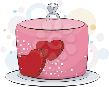 Royalty Free Clipart Image of a Romantic Cake With an Engagement Ring on Top