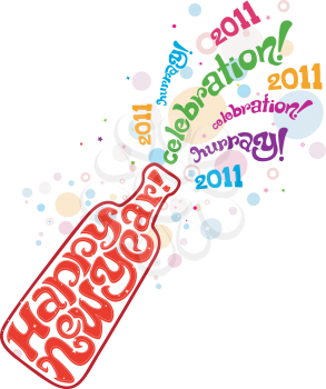 Royalty Free Clipart Image of a Wine Bottle Spouting Happy New Year