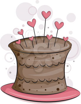 Royalty Free Clipart Image of a Chocolate Cake With Heart Shaped Lollipops on It