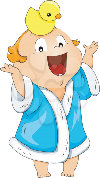 Royalty Free Clipart Image of a Baby in a Bathrobe With a Rubber Duck on His Head