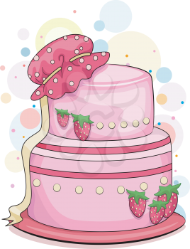 Royalty Free Clipart Image of a Strawberry Cake With a Baby Hat on It