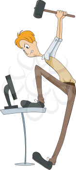 Royalty Free Clipart Image of a Man About To His His Computer With a Hammer