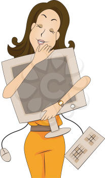 Royalty Free Clipart Image of a Girl Hugging a Computer